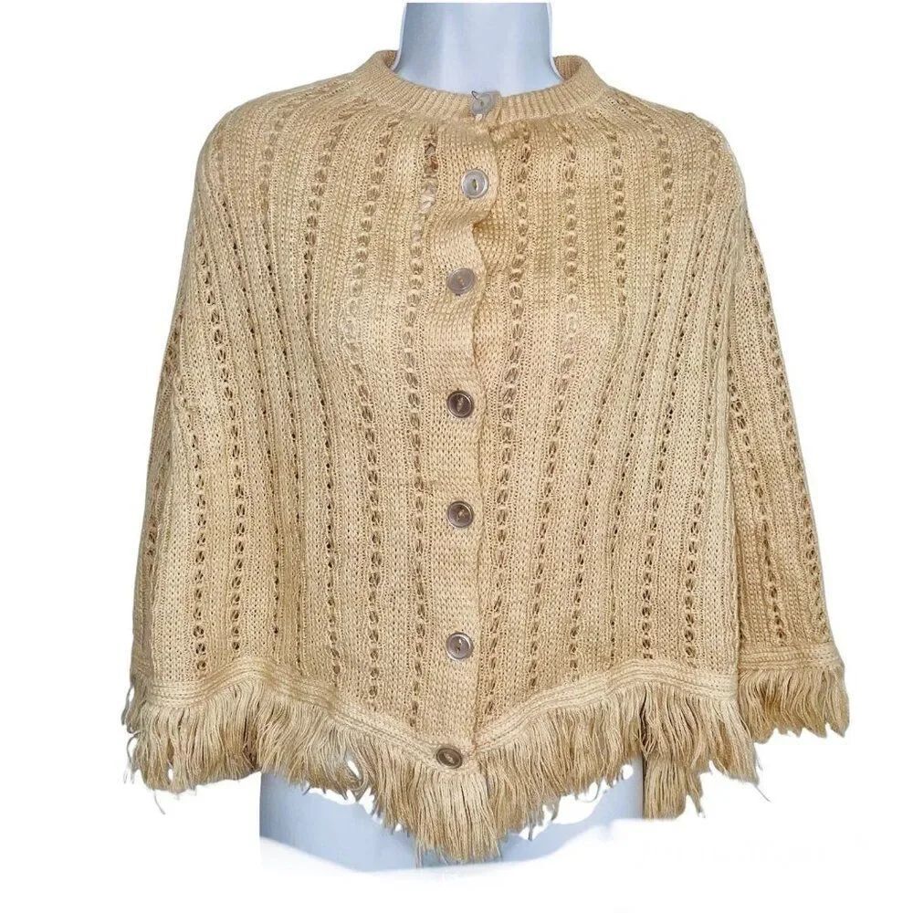 Womens Sweater Poncho OS Beige Sleeveless Cable Knit Fringe One Size